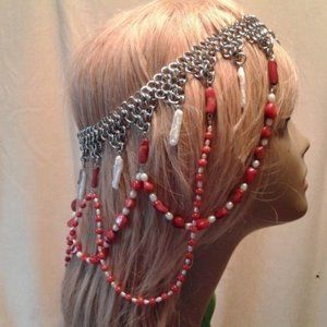 Handmade Chainmail Headpiece Coral Pearl Drape 424